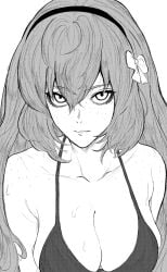 1girls big_breasts bra freckles hair_band hair_ribbon ishmael_(limbus_company) limbus_company long_hair looking_at_viewer no_color project_moon sagging_breasts sweat