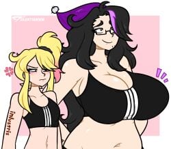 2girls big_breasts black_hair blonde_hair breast_comparison breast_conscious breast_envy breast_size_difference cassandra_(silenttandem) dyed_hair female female_only giant_breasts glasses hair_streak hotori_(silenttandem) huge_breasts jealous jealous_female looking_at_breasts medium_support_(meme) multiple_girls oc original silenttandem small_breasts smiling