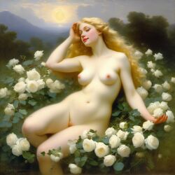 ai_generated belly blonde_hair blue_eyes breasts curly_hair curvy female flower flowers lips long_hair medium_breasts navel nipples nude presenting realistic rose_(flower) smile solo white_rose william_bouguereau