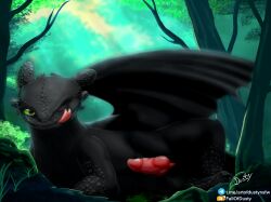 animal_genitalia animal_penis big_penis black_body claws digital_media_(artwork) dragon dreamworks dreamworks_dragons erection european_mythology eye_reflection fallofdusty feral forest forest_background furry genitals glistening glistening_eyes green_eyes hi_res how_to_train_your_dragon knot licking licking_lips looking_at_viewer lying male mythological_creature mythological_scalie mythology nature nature_background night_fury on_side one_eye_closed penis plant presenting presenting_penis reflection scales scalie signature solo solo_male tail text tongue tongue_out toothless tree western_dragon wings wink winking_at_viewer