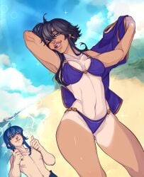 1boy 1girls absurdres alternate_costume ass_visible_through_thighs beach bikini black_hair blood blue_hair blush breasts clothes_removed commission earrings female female_focus fire_emblem fire_emblem:_genealogy_of_the_holy_war heart heart-shaped_pupils highres iaurencin jewelry larcei_(fire_emblem) looking_at_another looking_to_the_side male medium_breasts navel nintendo nipples nosebleed ocean one_eye_closed open_mouth purple_bikini seliph_(fire_emblem) smile solo_focus swimsuit symbol-shaped_pupils tan tanlines thighs thumbs_up