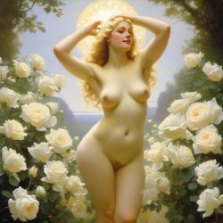 ai_generated belly blonde_hair blue_eyes breasts curly_hair curvy female flower flowers lips long_hair medium_breasts navel nipples nude presenting realistic rose_(flower) smile solo white_rose william_bouguereau