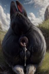 after_anal after_sex ai_generated animal_genitalia anus ass ass_focus balls black_body black_fur bodily_fluids cresent_sun cum cum_drip cum_in_ass cum_inside detailed_background dripping feral fur furry gaping gaping_anus genital_fluids genitals grass hi_res lagomorph leporid long_ears male mammal outside plant presenting presenting_hindquarters prompt prompt_metainfo rabbit raised_tail rear_view small_balls solo solo_focus