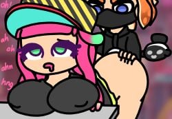 ambiguous_penetration background bending_over bent_over big_ass big_breasts blue_eyes cap clothed clothing clownfish drooling erect_nipples fish green_eyes groping groping_ass harmony_(splatoon) hoodie inkling inkling_boy legokoopa_(artist) mask masked moaning nipples no_panties no_shading orange_hair orange_tentacles pink_hair pink_tentacles sea_anemone sea_anemone_humanoid self_insert self_upload sex sex_from_behind shirt skirt skirt_up splatoon splatoon_(series) splatoon_3 splatoon_oc tentacle tentacle_hair text thick_thighs visible_nipples