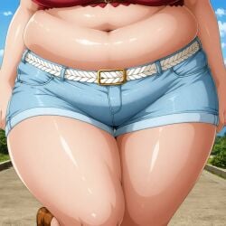 ai_generated anime_girl anime_style belly belly_focus belt belt_buckle big_belly curvy denim_shorts facing_viewer fat fat_belly fat_rolls female female female_only hi_res highres lower_body no_face original plump seraphim_ai shiny_skin shorts smile solo stable_diffusion standing thick_thighs white_belt