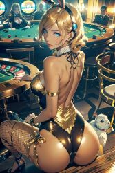 2boys 2girls ai_generated ass ass_focus backless_leotard black_high_heels blonde_female blonde_hair bowtie breasts_on_table bunny_ears bunny_ears_headband bunnysuit card_table cards casino chairs cuffs_(clothing) cute_animal dark-skinned_female dark_skin detached_collar female female_focus fishnet fishnet_legwear fishnet_stockings fishnets gold_bunny_(floppyudon95) gold_bunnysuit gold_cuffs gold_jewelry gold_leaf gold_leotard green_leotard high_heels latex long_hair looking_at_viewer looking_back looking_back_at_viewer original people people_in_background people_watching presenting presenting_ass presenting_hindquarters red_lips red_lipstick shoulder_blades sitting sitting_on_table stools strapless_leotard upper_arm_bracelet wavy_hair white_glove