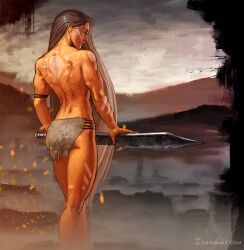 1girls amazon athletic athletic_female back back_turned brown_hair female female_only loincloth long_hair muscular muscular_female sonia_matas sword topless_female war_paint warrior