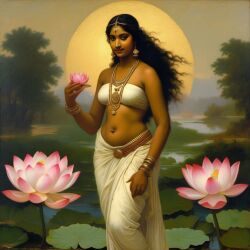 ai_generated belly black_hair breasts curly_hair curvy dark-skinned_female female flower indian_female lips long_hair lotus medium_breasts navel presenting realistic smile solo william_bouguereau