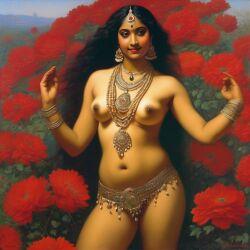 ai_generated belly black_hair bracelet breasts curly_hair curvy dancing dark-skinned_female female flower indian_female lips long_hair medium_breasts navel presenting realistic rose_(flower) smile solo william_bouguereau