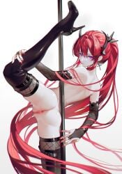 anus arknights ass back boots censored cropped_legs cross cross_earrings double-parted_bangs earrings female high_heels highres horns iumu jewelry long_hair looking_at_viewer pole_dancing ponytail purple_eyes pussy red_hair red_nails sidelocks spread_legs stiletto_heels surtr_(arknights) thigh_boots turning_head very_long_hair white_background