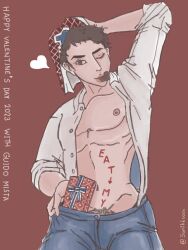 1boy 2023 guido_mista inviting_to_oral jojo's_bizarre_adventure male male_only muscular_male one_eye_closed pubic_hair softcore solo text valentine's_day vento_aureo wink