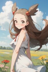 ai_generated ass blue_sky blush female female_only flower jasmine_(pokemon) jasmineolivine looking_at_viewer pokemon smiling_at_viewer sundress white_dress