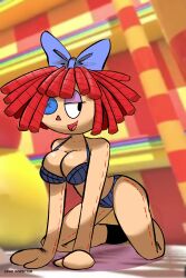 1girls barely_clothed bow bra breasts button button_eyes doll female lewd_inspector looking_away looking_to_the_side medium_breasts on_knees open_mouth pose ragatha ragatha_(the_amazing_digital_circus) red_hair smile solo solo_female the_amazing_digital_circus underwear