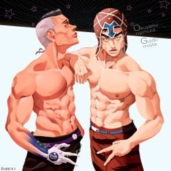 2boys bara diamond_is_unbreakable guido_mista jojo's_bizarre_adventure male male/male male_only muscular_male okuyasu_nijimura pecs shirtless vento_aureo