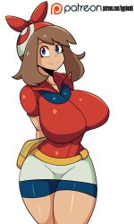 1girls arms_behind_back artist_name big_breasts bike_shorts blue_eyes breasts brown_hair busty busty_teen curvy female female_only highres hourglass_figure huge_breasts huge_hips huge_thighs iggy-bomb legs looking_at_viewer may_(pokemon) nintendo pokemon smile solo teenager thick_thighs thighs voluptuous wide_hips
