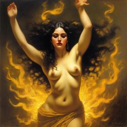 ai_generated belly black_hair breasts curvaceous curvy fire lips long_hair medium_breasts navel seductress william_bouguereau