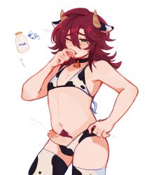 artist_request blush cow_ears cow_horns cowsuit ejaculation femboy genshin_impact handsfree_ejaculation male_focus male_only milk pubic_hair shikanoin_heizou solo_male swimsuit