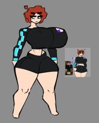 1girls exposed_midriff female female_only green_eyes grey_background huge_breasts long_neck long_sleeves midriff minecraft oc red_hair shewiff small_belly tagme theshewiff thick_thighs thunder_thighs wide_hips