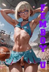 1boy ai_generated ai_reality_drift balls basketball blonde_hair cheerleader_uniform college crossdressing cum cumming cute_male femboy femboy_cheerleader feminine_male flat_chest glasses male male_only otoko_no_ko penis sissy small_penis