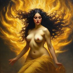 ai_generated belly black_hair breasts curvaceous curvy fire lips long_hair medium_breasts navel seductress william_bouguereau