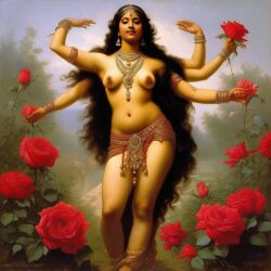 ai_generated belly black_hair bracelet breasts curly_hair curvy dancing dark-skinned_female female flower goddess hindu_mythology indian_female lips long_hair medium_breasts multi_arm multi_limb navel presenting realistic rose_(flower) smile solo william_bouguereau