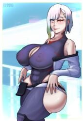 huge_breasts lucyna_kushinada nipple_bulge nipples_visible_through_clothing thick_thighs tight_clothing tommoku wide_hips wink