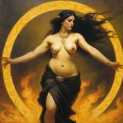 ai_generated belly black_hair breasts curvaceous curvy fire lips long_hair medium_breasts navel seductress william_bouguereau