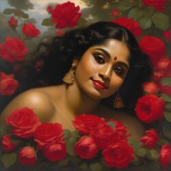 ai_generated belly black_hair bracelet breasts curly_hair curvy dancing dark-skinned_female female flower indian_female lips long_hair medium_breasts navel presenting realistic rose_(flower) smile solo william_bouguereau