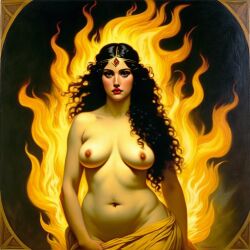 ai_generated belly big_breasts black_hair breasts curvaceous curvy fire lips long_hair navel seductress william_bouguereau