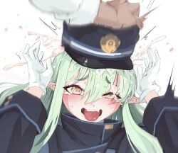 arms_up black_hat blue_archive central_control_center_(blue_archive) cum cum_in_hat cum_on_hair cum_wearing female gloves green_hair hair_between_eyes hand_on_headwear hat highlander_railroad_academy_logo_(blue_archive) highlander_railroad_academy_student highres hikari_(blue_archive) long_hair long_sleeves moai_(moai_00_) open_mouth peaked_cap pointy_ears simple_background solo_focus tongue tongue_out white_background white_gloves yellow_eyes