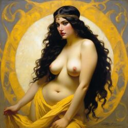 ai_generated belly big_breasts black_hair breasts curvaceous curvy fire lips long_hair navel seductress william_bouguereau