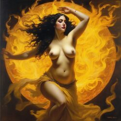 ai_generated belly black_hair breasts curvaceous curvy fire lips long_hair medium_breasts navel seductress william_bouguereau