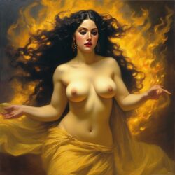 ai_generated belly black_hair breasts curvaceous curvy fire lips long_hair medium_breasts navel seductress william_bouguereau