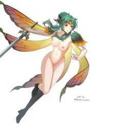 1girls armpits ass_visible_through_thighs attack bare_arms bare_legs bare_shoulders bettercommsoul boots breasts collarbone completely_nude edit elincia_ridell_crimea elincia_ridell_crimea_(resplendent) fairy_wings female female_only fire_emblem fire_emblem:_path_of_radiance fire_emblem:_radiant_dawn fire_emblem_heroes full_body green_hair high_heels legs medium_breasts naked_boots naked_footwear naked_heels nintendo nipples nude nude_female nude_filter orange_eyes pussy running short_hair shoulders sidelocks solo sword weapon white_background wings