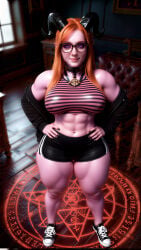 (oc) abs ai ai_generated black_horns converse_shoes crop_top eye_contact ginger ginger_hair glasses glowing_eyes gym_shorts hoodie huge_ass huge_breasts huge_thighs iris_(oc) massive_breasts muscular_female muscular_thighs nectar oc original_character pentagram pink_eyes pink_skin pink_skinned_female shortstack six_pack standing step_sister striped_crop_top striped_shirt succubus succubus_horns thick_thighs wide_hips wide_thighs