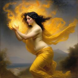 ai_generated belly black_hair breasts curvaceous curvy fire lips long_hair medium_breasts navel seductress william_bouguereau