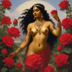 ai_generated belly black_hair bracelet breasts curly_hair curvy dark-skinned_female female flower indian_female lips long_hair medium_breasts navel presenting realistic rose_(flower) smile solo william_bouguereau