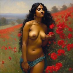 ai_generated belly black_hair bracelet breasts curly_hair curvy dancing dark-skinned_female female flower indian_female lips long_hair medium_breasts navel presenting realistic rose_(flower) smile solo william_bouguereau