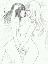 2girls bed blush breasts closed_eyes drooling female fingering gamma_(ogino_jun) long_hair monochrome multiple_girls navel nipples nude on_bed open_mouth pussy pussy_juice saliva small_breasts tears tongue tongue_out uncensored yuri