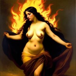 ai_generated belly black_hair breasts curvaceous curvy fire lips long_hair medium_breasts navel seductress william_bouguereau