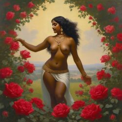 ai_generated belly black_hair bracelet breasts curly_hair curvy dancing dark-skinned_female female flower indian_female lips long_hair medium_breasts navel presenting realistic rose_(flower) smile solo william_bouguereau