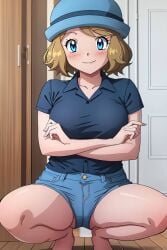 ai_generated blush busty collared_shirt creatures_(company) crossed_arms crouching curvy denim_shorts female female female_only front_view game_freak hat hi_res highres nintendo pokemon pokemon_(game) pokemon_trainer pokemon_xy seraphim_ai serena_(pokemon) shorts smile solo squatting stable_diffusion