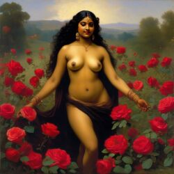 ai_generated belly black_hair bracelet breasts curly_hair curvy dancing dark-skinned_female female flower indian_female lips long_hair medium_breasts navel presenting realistic rose_(flower) smile solo william_bouguereau