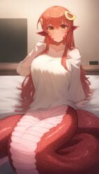 1girls ai_generated aigbrea amber_eyes bedroom female female_only hair_ornament lamia long_hair loose_clothes miia_(monster_musume) monster_girl monster_musume_no_iru_nichijou pussy red_hair scales shirt smile television vagina