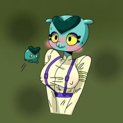 big_breasts blush brawl_stars clothes eve_(brawl_stars) green_skin milf nipples_visible_through_clothing only_female open_eyes simple_background simple_coloring solo yellow_eyes