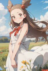 ai_generated blue_sky blush female female_only flower hands_on_thighs jasmine_(pokemon) jasmineolivine light_smile looking_at_viewer pokemon sundress white_dress