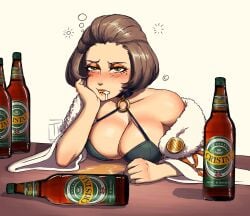 1girls alcohol bare_shoulders beer beer_bottle bottle breasts cerveza_cristal cleavage cristal_(chilean_beer) drooling drunk el_trenuk eyeshadow female female_only fire_emblem fire_emblem:_three_houses highres large_breasts lipstick looking_at_viewer makeup manuela_casagranda nintendo orange_eyeshadow orange_lips saliva saliva_trail signature simple_background solo white_background