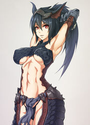 armor black_hair breasts looking_at_viewer monster_hunter nargacuga_(armor) ponytail underboob