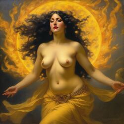 ai_generated belly black_hair breasts curvaceous curvy fire lips long_hair medium_breasts navel seductress william_bouguereau