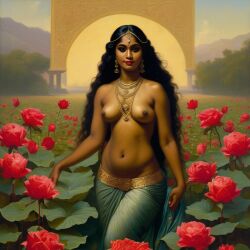 ai_generated belly black_hair bracelet breasts curly_hair curvy dancing dark-skinned_female female flower indian_female lips long_hair medium_breasts navel presenting realistic rose_(flower) smile solo william_bouguereau